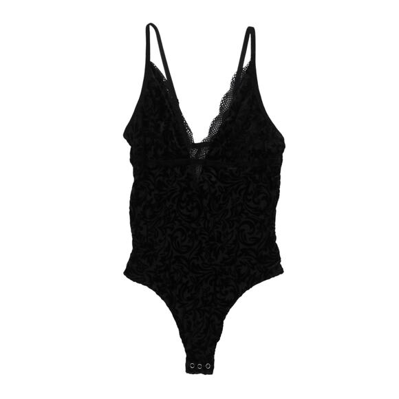 Ambrielle Black Lace Bodysuit Large Sexy Plunge Neck Spagetti Strap Velvet Lace - Picture 1 of 9